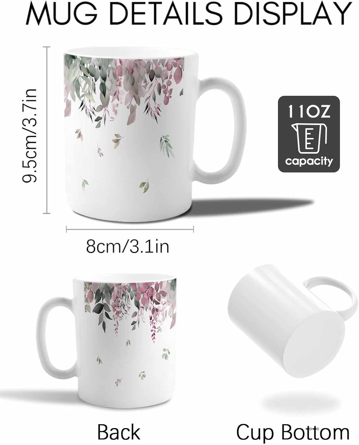 BEMIGO Ceramic Coffee Mug Red Green Eucalyptus Leaves Ceramic Mug White Cup, Watercolor Spring Insulated Coffee Cup with Handle with Pattern Perfect for Tea and Hot Beverages, 12oz
