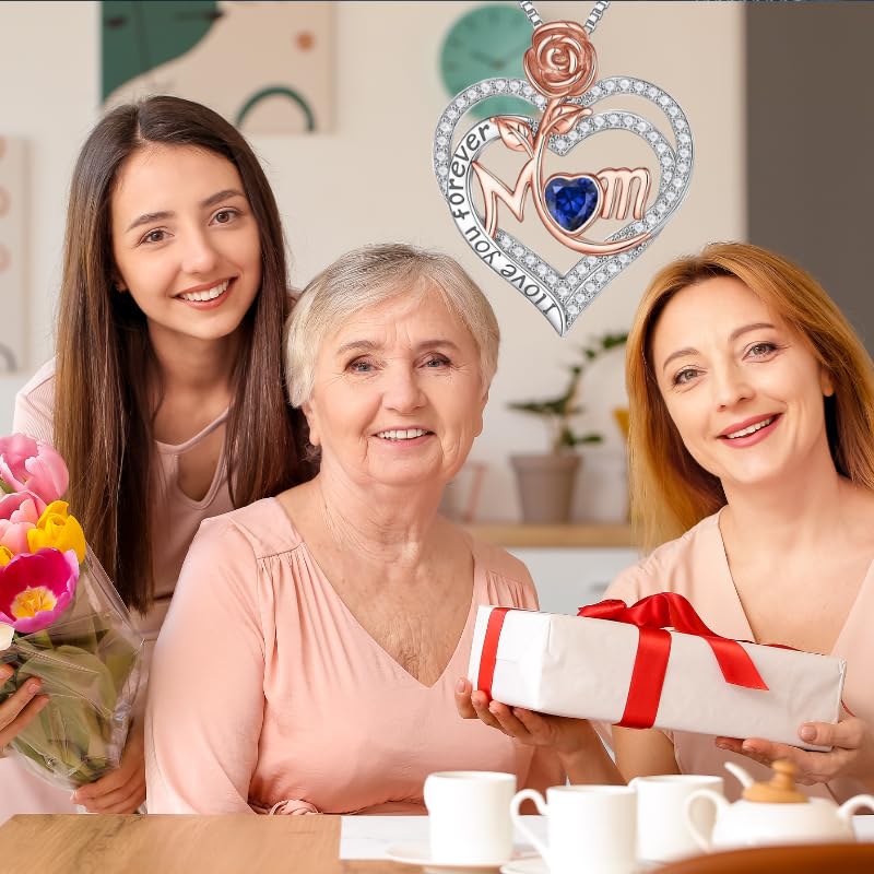 Rose Birthstone Gifts for Mom, S925 Sterling Silver Rose Heart Pendant Birthstone Necklace Mothers Day Valentines Day Christmas Birthday Jewelry Gifts for Mom2