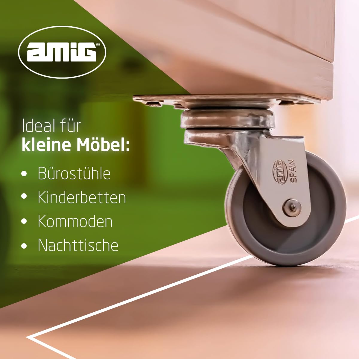 Amig Möbelrollen 4er-Set Modell 1500 – Mit Stahlplatte, Ø 35 Mm, 25 Kg Pro Rolle – Aus Nylon, Schwarz, Ohne Bremse – Für Stühle, Container & Leichte Möbel