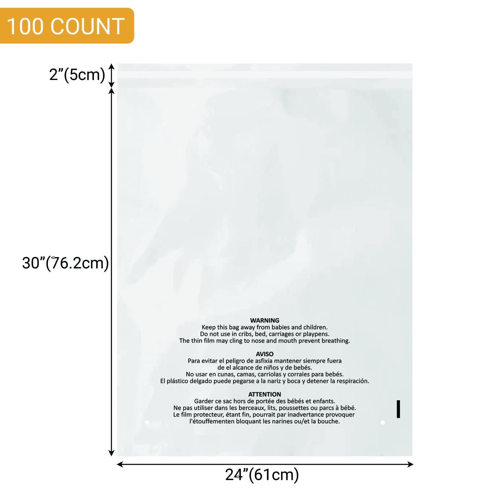 Lot de 100 sacs en polyéthylène transparents auto-adhésifs 61 x 76,2 cm | Avec avertissement d'étouffement pour l'emballage, l'expédition et FBA avec adhésif permanent (1,5 mm)