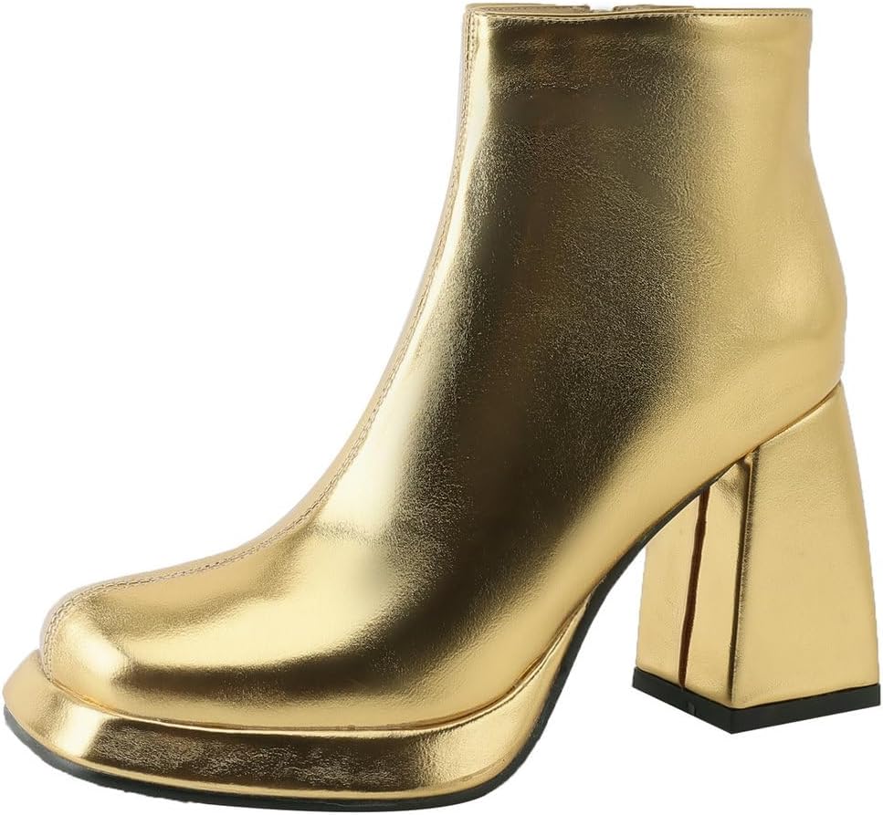 KOKOMOMO Metallic Platform Gogo Boots Square Toe High Chunky Heel Ankle Boots With Zip Up