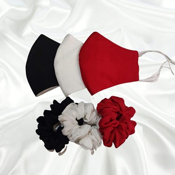 Shaila's Couture Silk Satin Mask with Matching Scrunchies, SET OF 3 - For Women, Adjustable Earloops, Washable, Reusable
