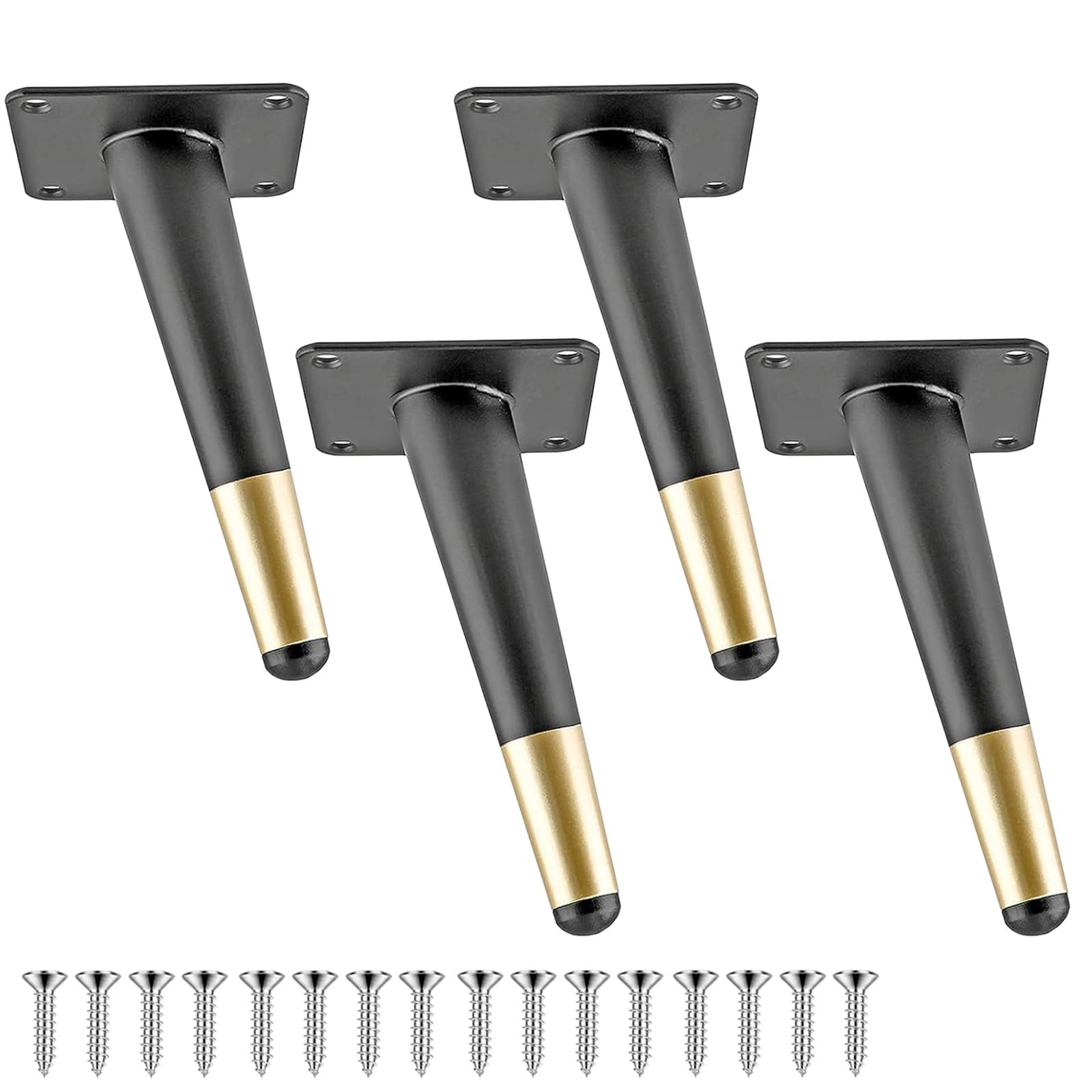 Lot de 4 pieds de chaise coniques en métal noir robuste avec patins antidérapants pour tables de salle à manger et bureaux, plaque solide, installation facile