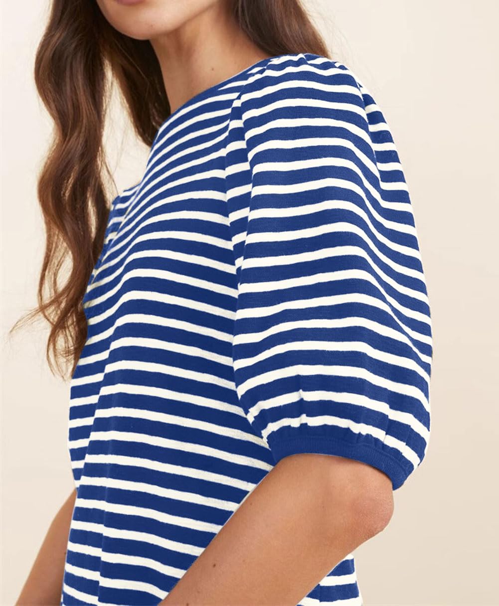 CHARTOU Women Casual Stripe T Shirt Dress Summer Puff Half Sleeve Tunic Shirt Dress - Image 3