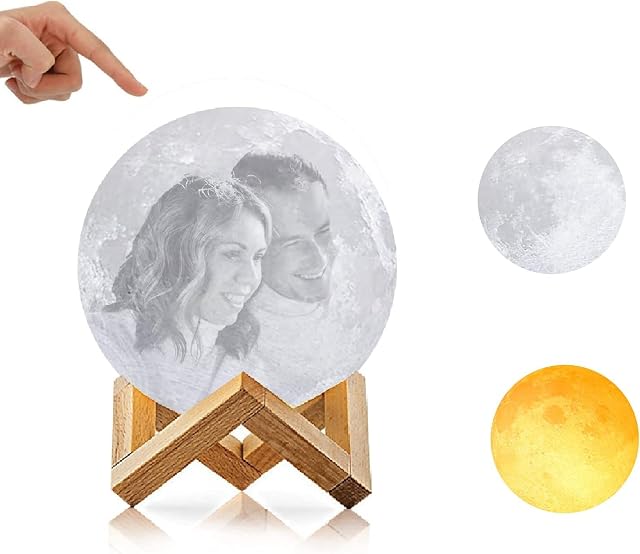 Hakiwina Custom Moon Lamp 3D Print Moon Light, 2 Colors Personalised Night Light with Photo and Text, Touch Control with Wooden Stand Creative Birthday Anniversary Day Gift (18cm/7.09in)