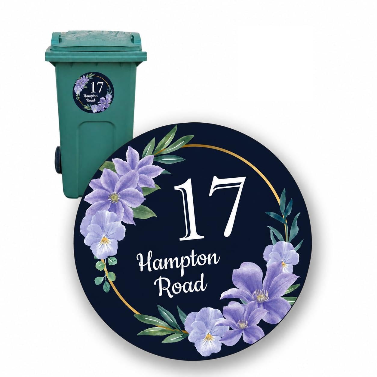 Personalised Bin Number for Wheelie Bin Stickers Set of 1 A4, Custom House Number & Street Name, Waterproof Vinyl Decal, Purple Floral Design