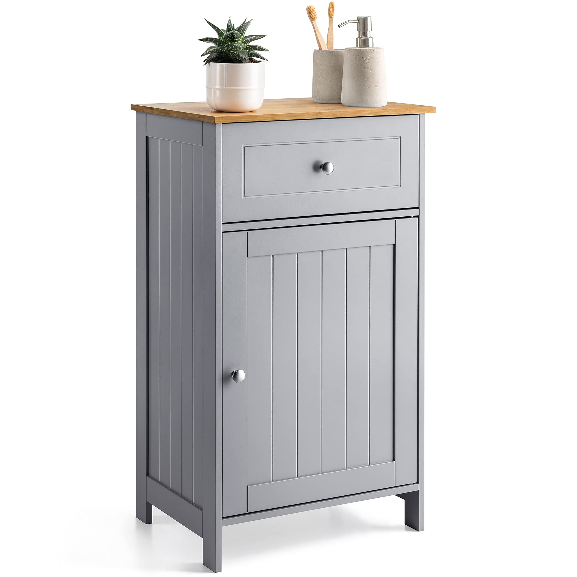 CHRISTOW Grey Bathroom Storage with Bamboo Top, Free Standing