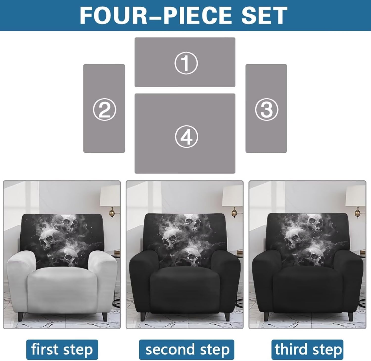 Skull Flame Black Seat Recliner Cover Stretch Sofa Dog Protector Thick Single Seat Recliner Cover with Elastic Bottom for Cushion Reclining Sofa Home Furniture