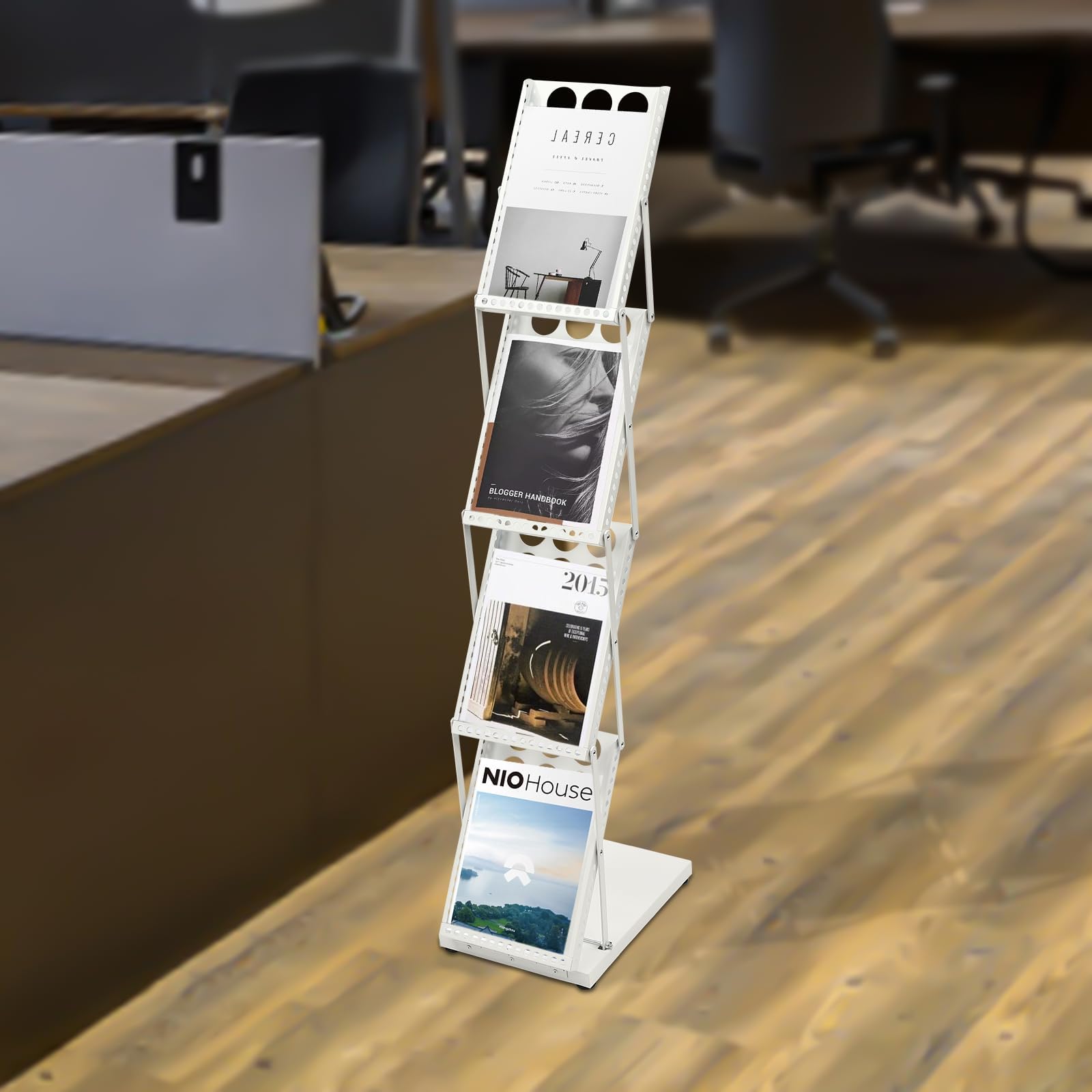 A4 Prospektständer, Zeitschriftendisplay Stehendes Bücherregal 4 Stöckig Hochformat Klappbar Broschürenregal für Büro und Ausstellung