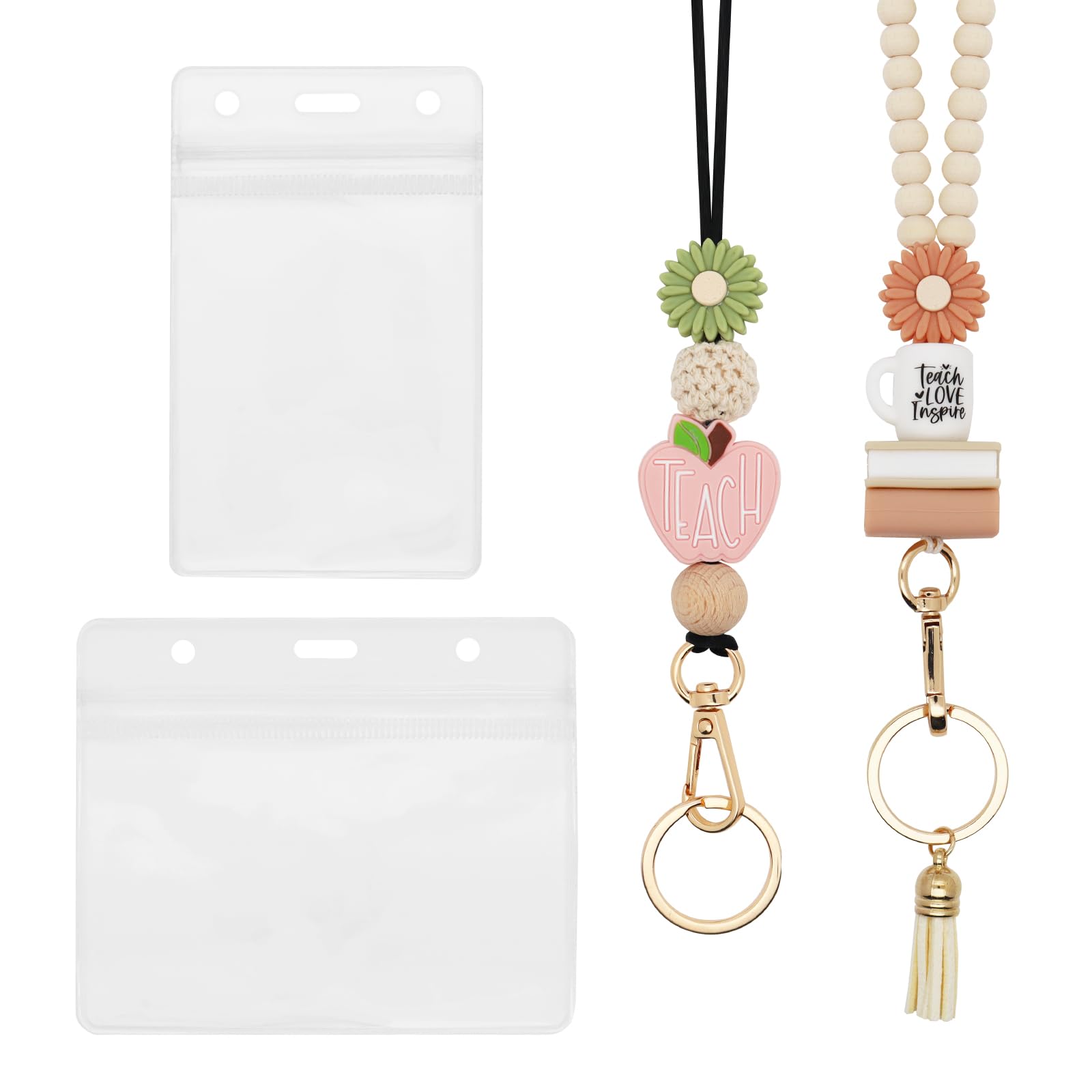 Frutain 2 Pcs Teacher Lanyards with 2 PCS ID Badges Holder Wood Silicone Beaded Lanyard for Keys Cute Breakaway Lanyards Necklace for ID Badges Woman