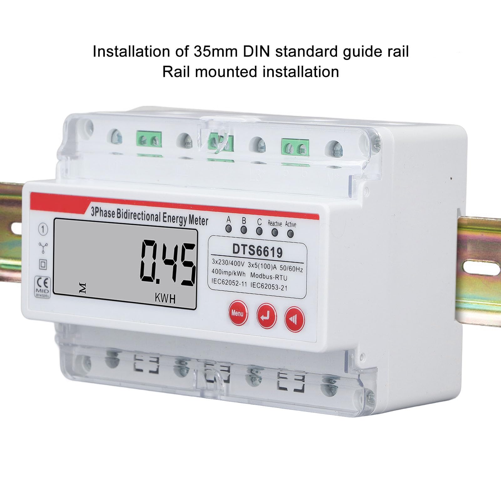 3 Phase 4 Draht -Energie -Messgerät - Digitales Elektrometer, DIN -Schienenhalterung - LCD -Display, multifunktional, bidirektional - 3 x 230 400 V - Stromüberwachung -