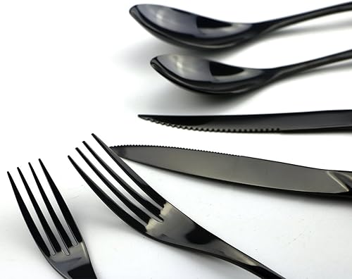 Miniatura 7 de Juego de cubiertos de acero inoxidable negro pulido con espejo, cuchillo de carne, tenedor, tenedor de ensalada, cuchara de postre, 24 piezas,