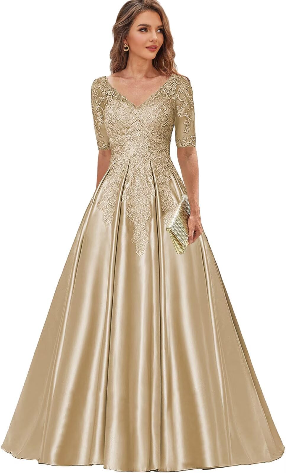 Satin Long Mother of The Bride Dresses - A Line V Neck Short Sleeve Lace Appliques Formal Evening Party Prom Ball Gowns
