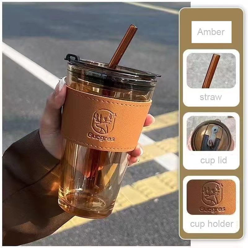 Image of KELVEE Glass Coffee Sipper Mugs with Straw and Lid 450ml, Glass Iced Tea Tumbler with Leather Sleeve Pack of 1, Leak-Proof, Reusable Smoothie, Milk, Water Drink Cup (Brown)