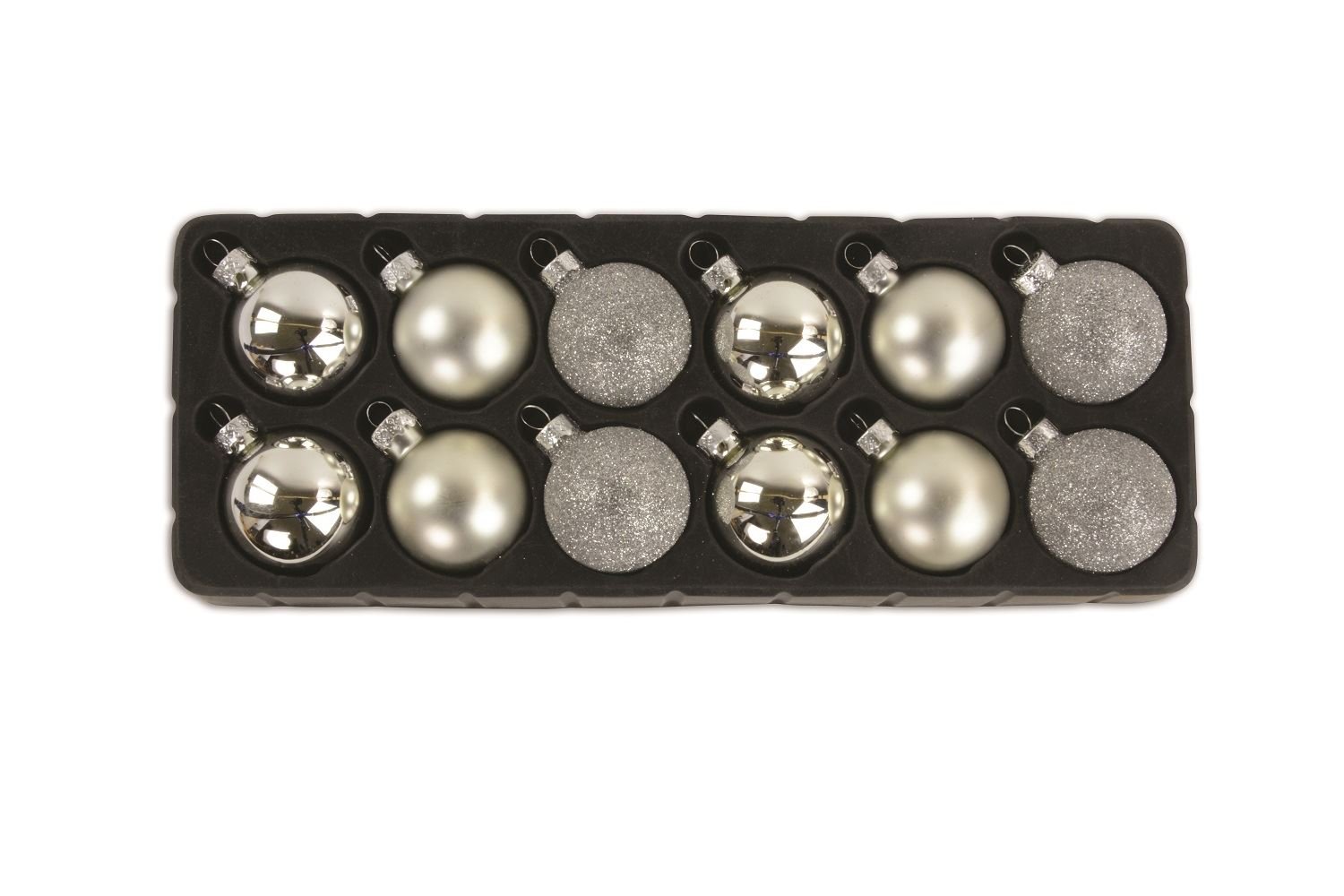 Riffelmacher 12 x Silver Glass Christmas Tree Baubles in Glitter, Gloss and Matt. 4cm Diameter