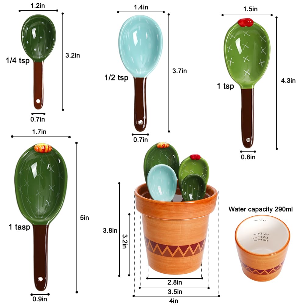 Ceramic Measuring Spoons Set in Pot - Cute Measuring Cups Spoons for Dry Wet Ingredients (Blue)