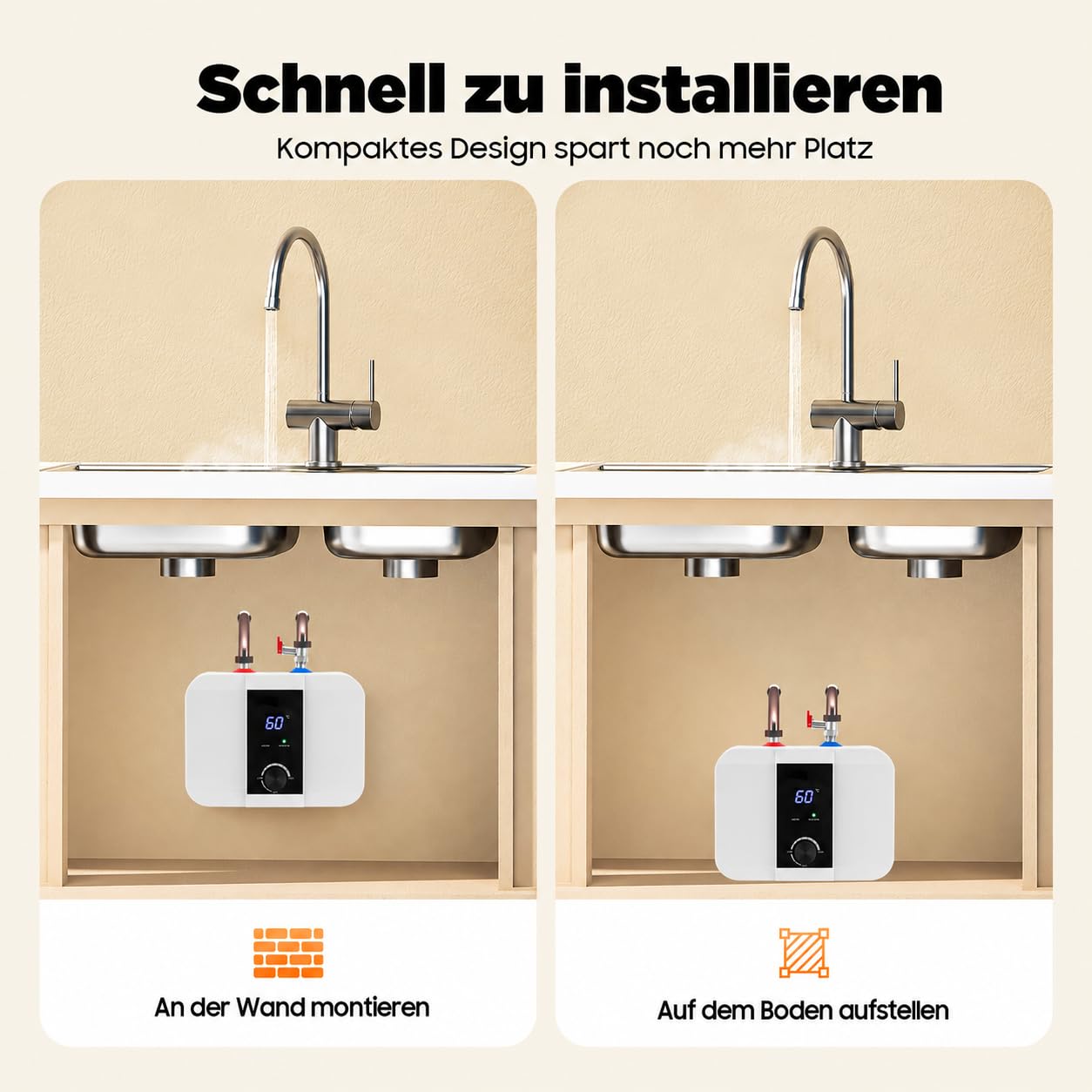 Warmwasserspeicher 6L Untertisch Boiler 1500W Kleiner Druckfester Warmwasserspeicher mit Thermostop-Funktion Untertischboiler 0-65℃ Einstellbarer Temperatur Einstellbar für Küche Bad (6L 33*23*24cm)