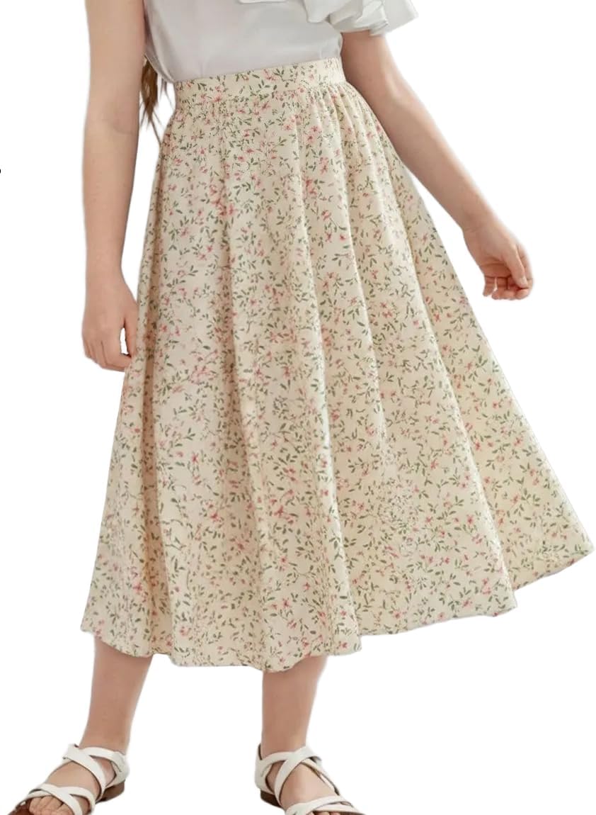 New 6-14 Years Girls Floral Maxi Skirt Boho Flowy A-Line Summer Midi Skirt with Elastic Waist