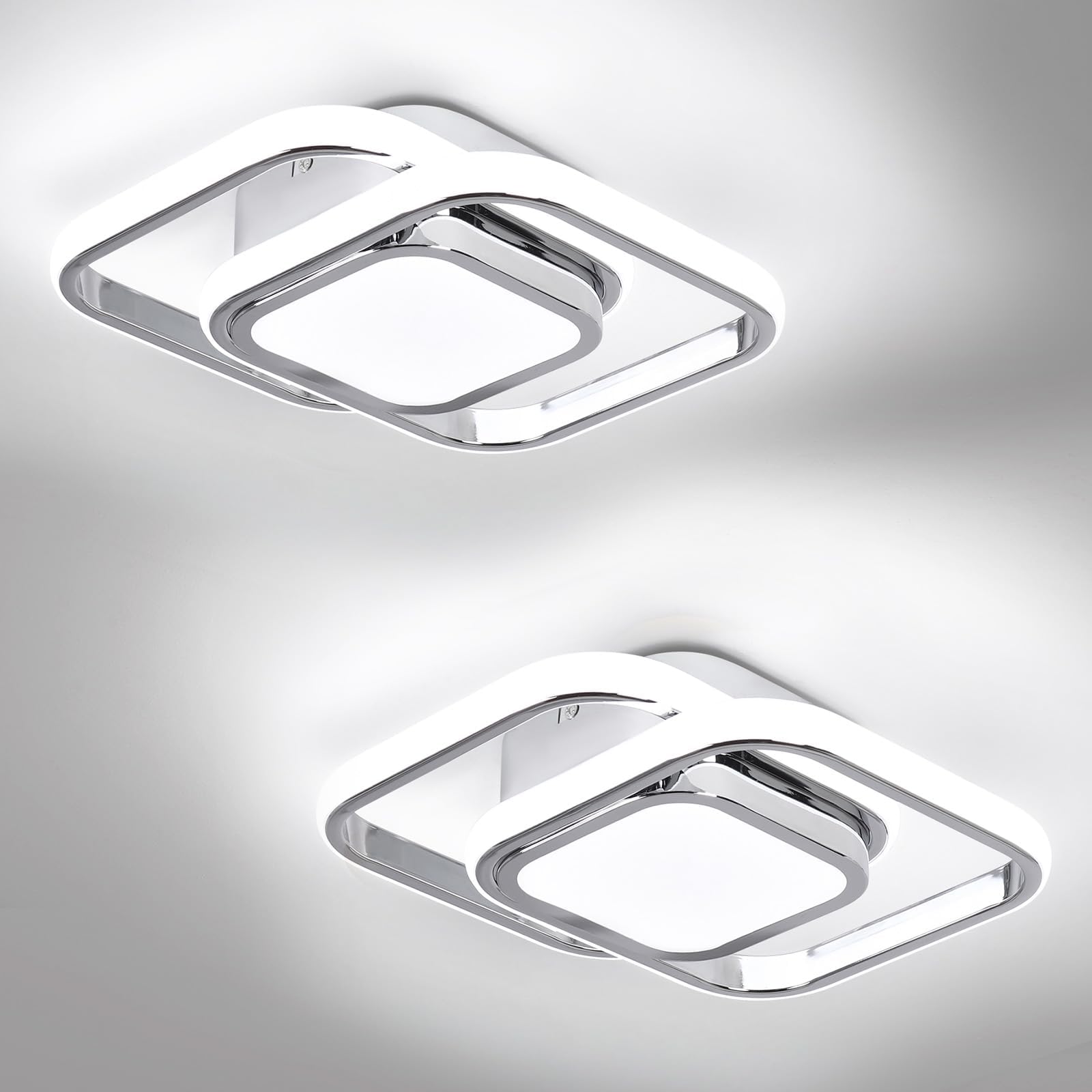2 Packs Modern Led Ceiling Light Acrylic Square Small Ceiling Lamp Cool White 6000K Hallway Lighting Fixtures for Bedroom Kitchen Living Room Study Hallway Small Asile Lamp Corridor Lights (Chrome)