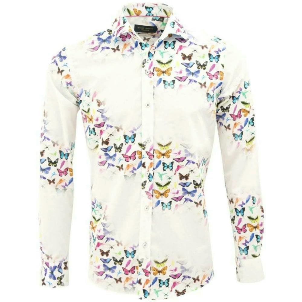 ZBDP - Camicia a maniche lunghe da uomo con stampa a farfalla, stile casual, in poliestere, con colletto hawaiano