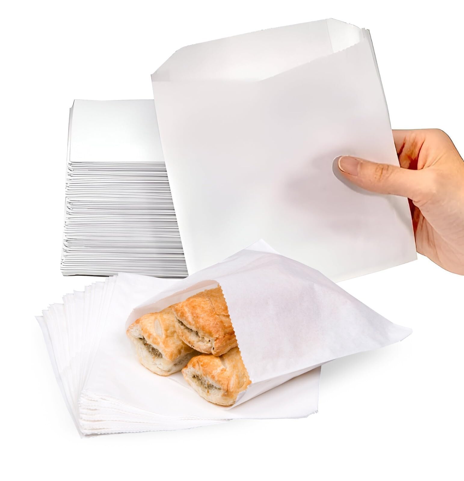 Greaseproof Paper Food Bags 8.5" x 8.5" / 215mm x 215mm (Pack of 100) 100% Grease Resistant Sandwich & Takeaway Bags Perfect for Bakery Goods, Snacks, Fried Foods, And More
