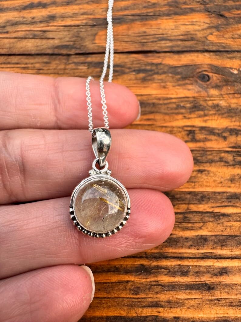 natural rutilated quartz 25x15mm round smooth pink pendant 925 sterling silver round necklace with 18 inch cable chain healing energy spiritual jewelry gift |silver... - Image 4