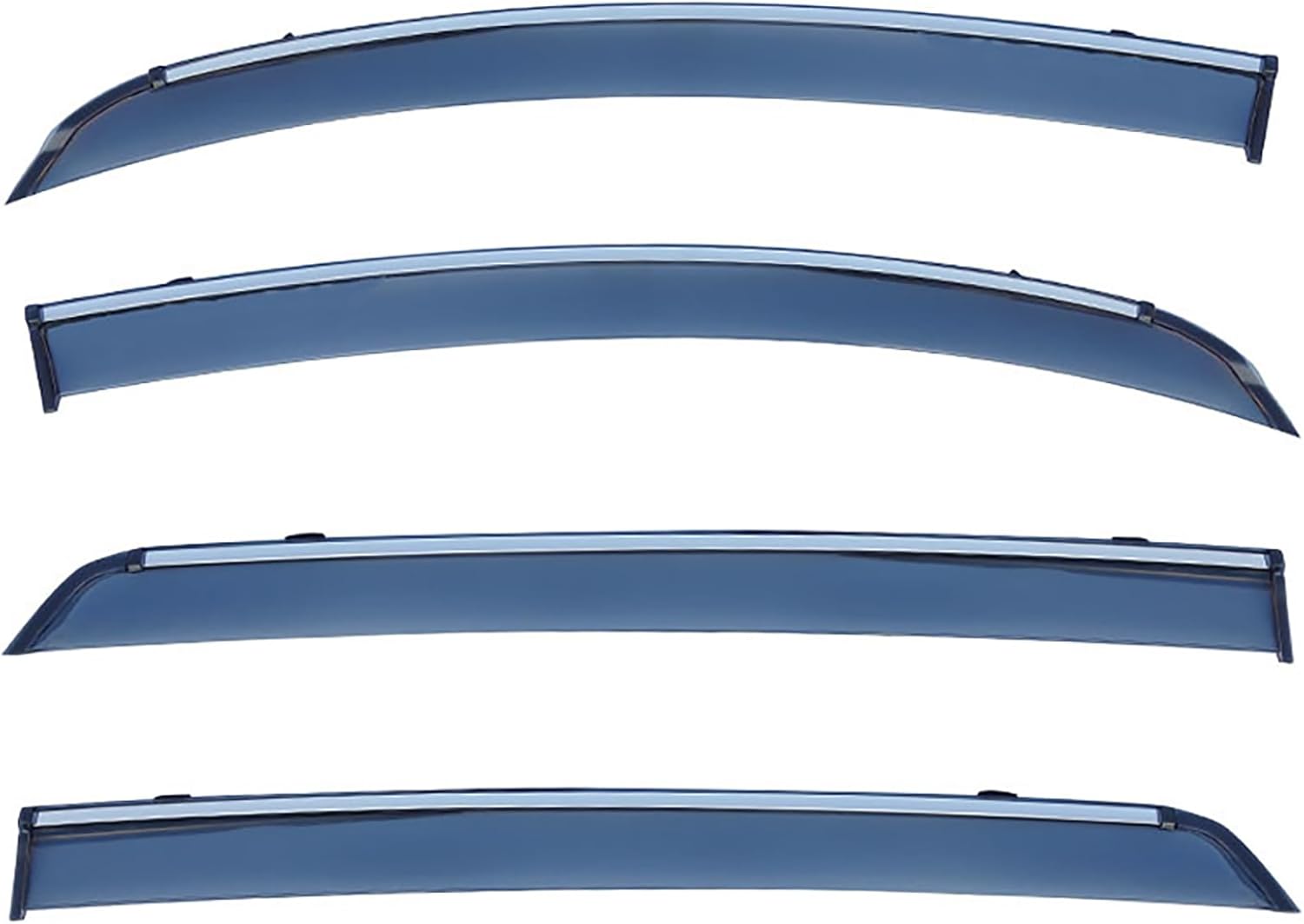 Collage showing aerodynamic design, easy installation with tape, high quality translucent acrylic material, and smooth round edge surface of the window visors.