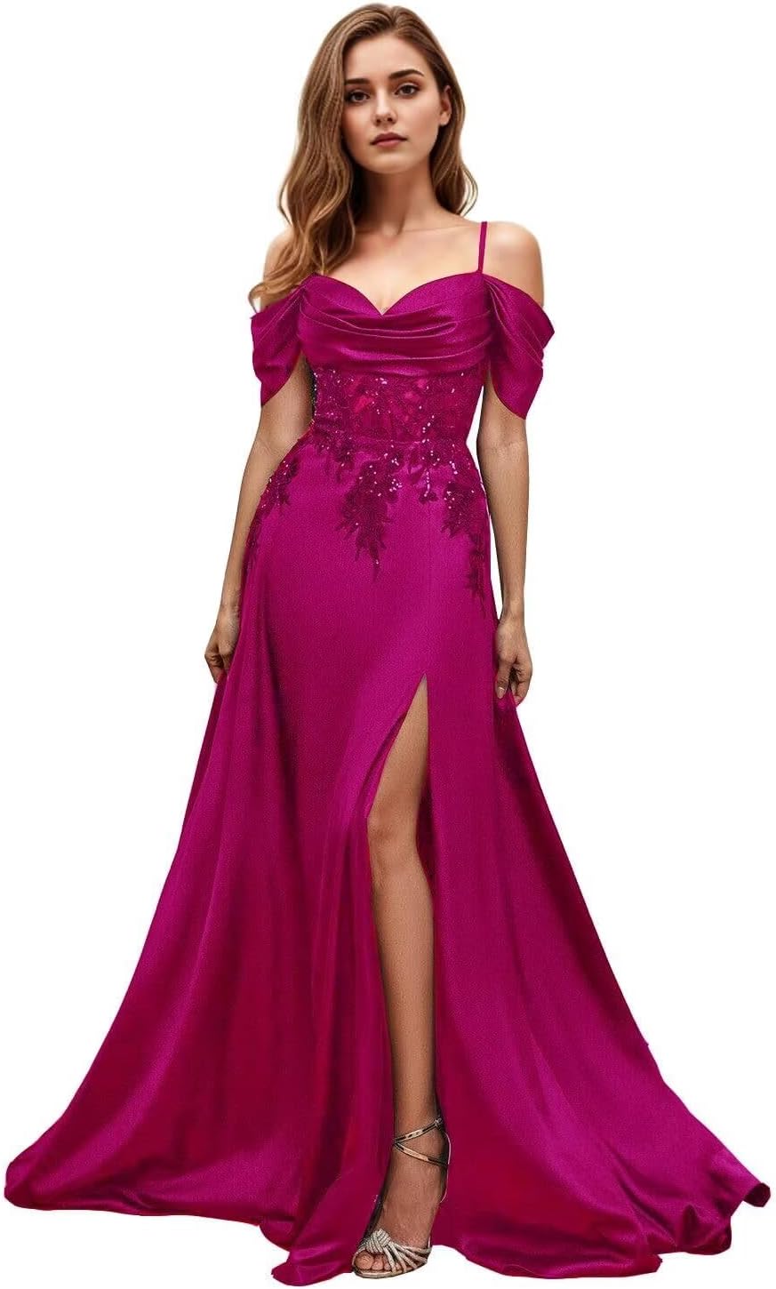 A-line Lace Appliques Spaghetti Sleeves Formal Evening Gowns for Women Long Wedding Guest Dress with Slit