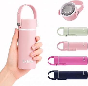 Exllena 200ml Small Water Bottle with Adjustable Silicone Handle Made of 100% Stainless Steel Body + Lid, Mini Metal Water Bottle for Handbag, Leakproof Blush Pink