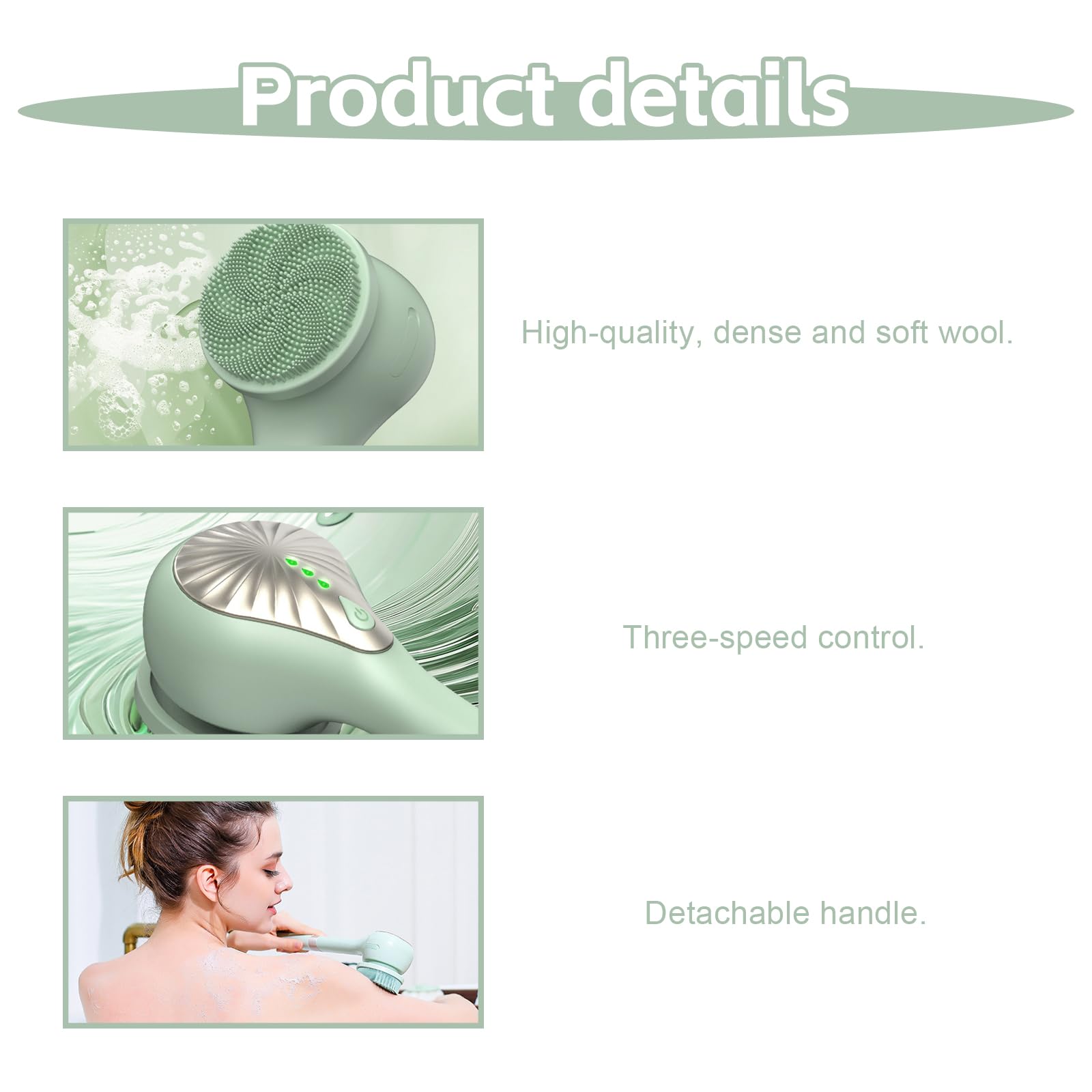 Spazzola elettrica per il corpo, spazzola per la schiena, con 6 cuciture, spazzola per la doccia con manico lungo, IP67, impermeabile, a 3 velocità, spazzola per la pulizia della spa, doccia, peeling