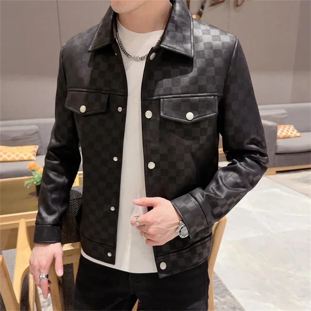 Męska kurtka motocyklowa w stylu vintage w kratę płaszcze biznesowe slim fit skórzana odzież wierzchnia kurtki ze skóry PU