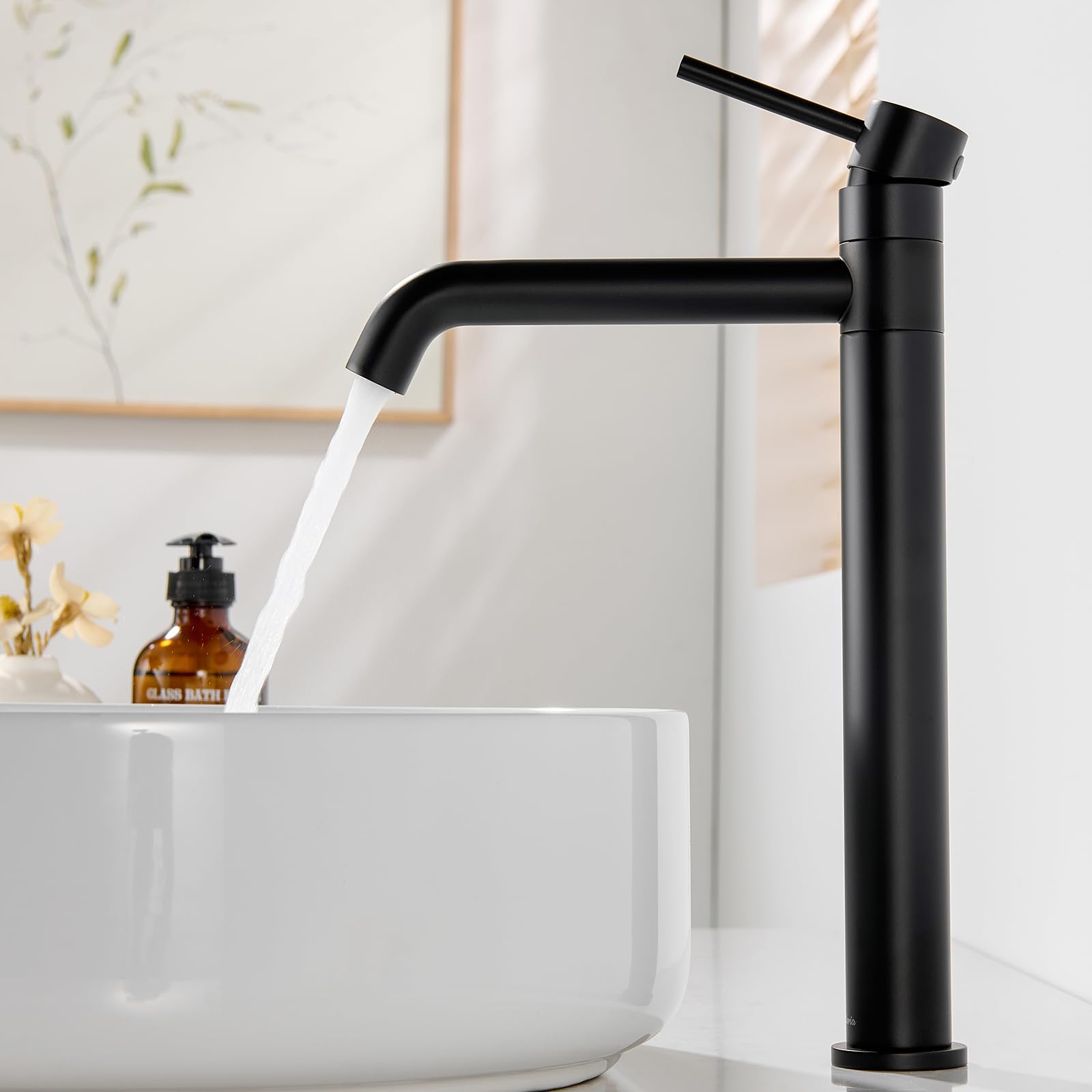Grifo de Lavabo Alto, Grifo de Baño Giratorio 360°, Grifo Mezclador de Caño Alto para Lavabos de Encimera, llaves de Paso de Agua Baño Monomando de Baño, Negro