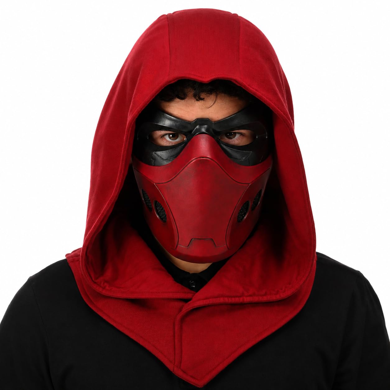 Red Hood Mask Cosplay Mask with Adjustable Straps Battle Worn Vigilante Costume Mask for Halloween Festival Adult Full Face Latex