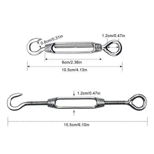 Pack de 6 tensores de alambre M4 de acero inoxidable con gancho y ojal, kit ajustable para cables y cuerdas, uso pesado miniatura 2