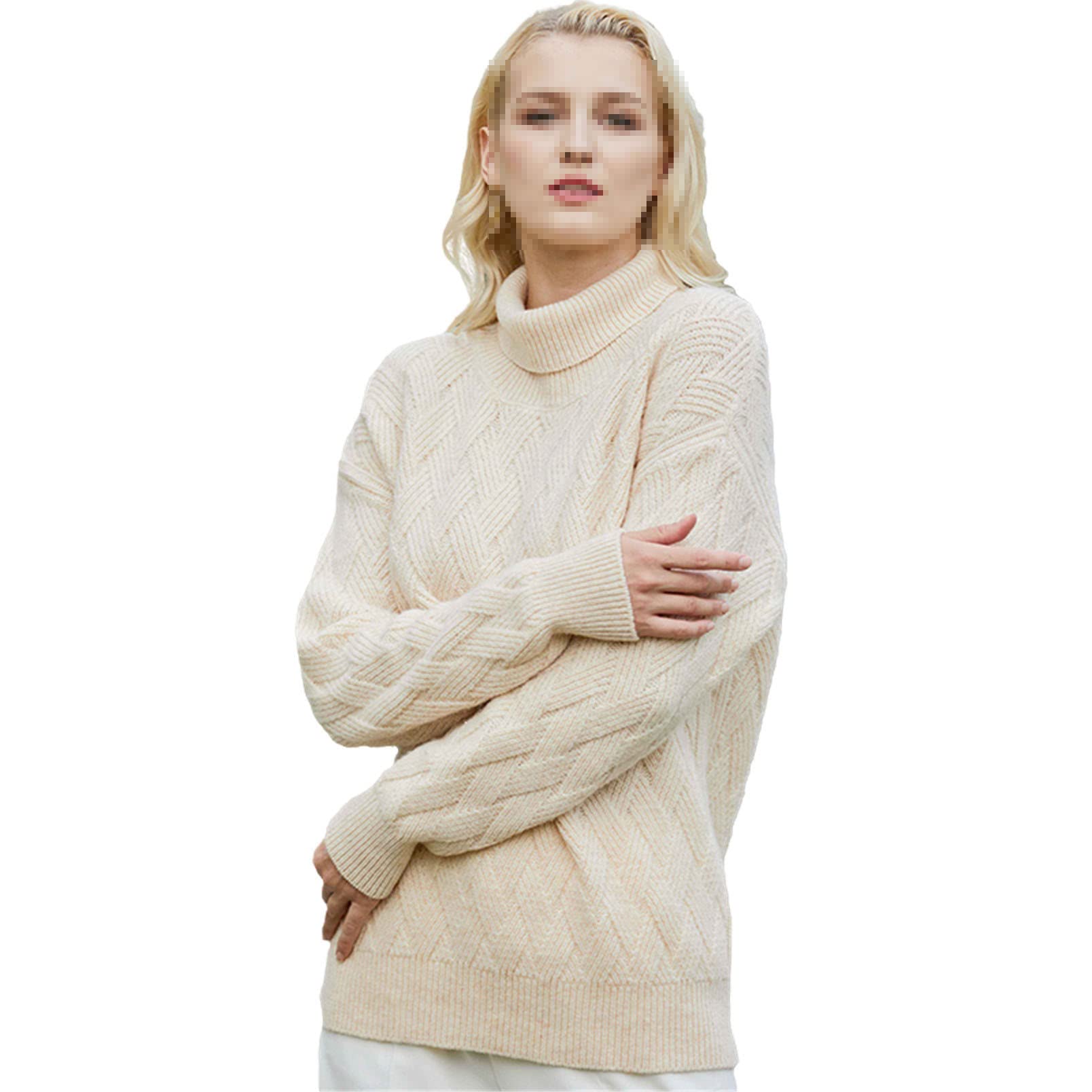 Maglione da donna a collo alto in lana e lana calda, maglione lavorato a maglia, Beige, XL