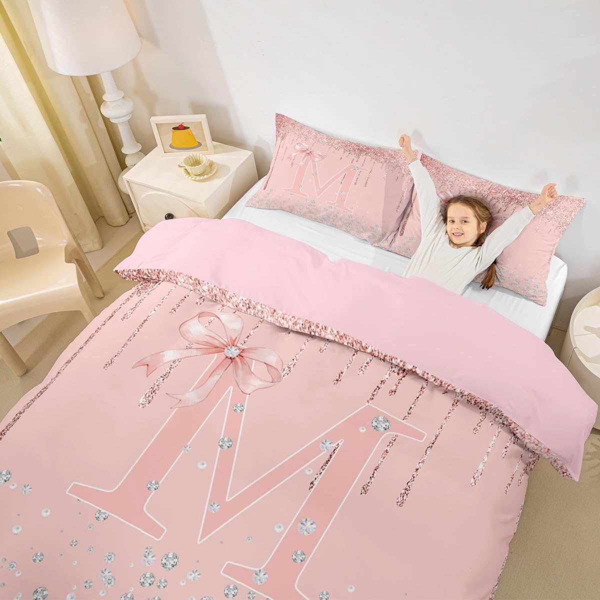 jejeloiu Pink Rose Gold Duvet Cover Kids Boys Girls,Toddler,Pink Bow Bedding Set,Personalized Letter M Comforter Cover,Glitter Diamond Pattern Bedspread Cover,No Comforter,Monogrammed