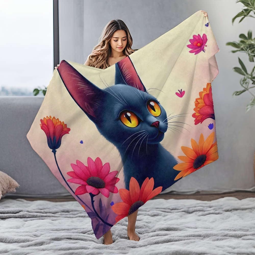 Couverture en flanelle de qualité supérieure au motif chat et fleurs éclatantes