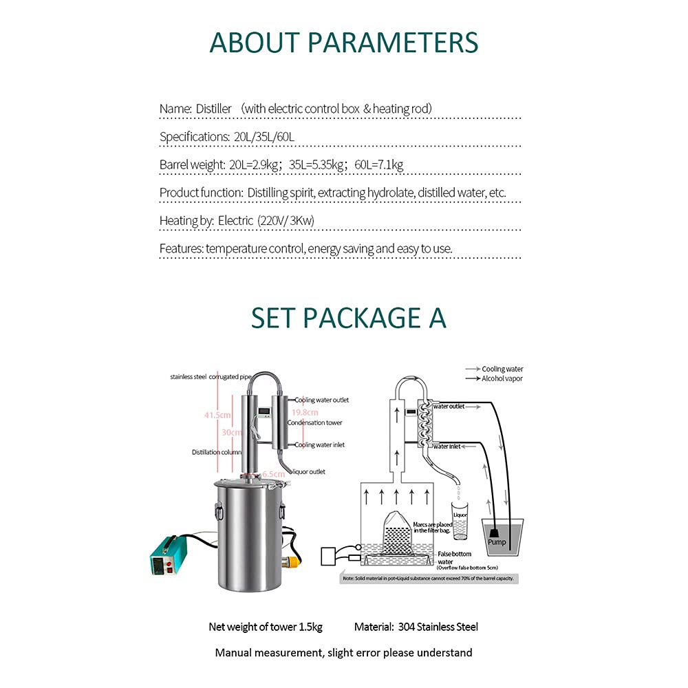 20L Temperature control box heating rod Moonshine Distiller Distillation Column Home Brew Alcohol Making Machine kit Brewing Distillation Liquor Small Machine (Set package A)