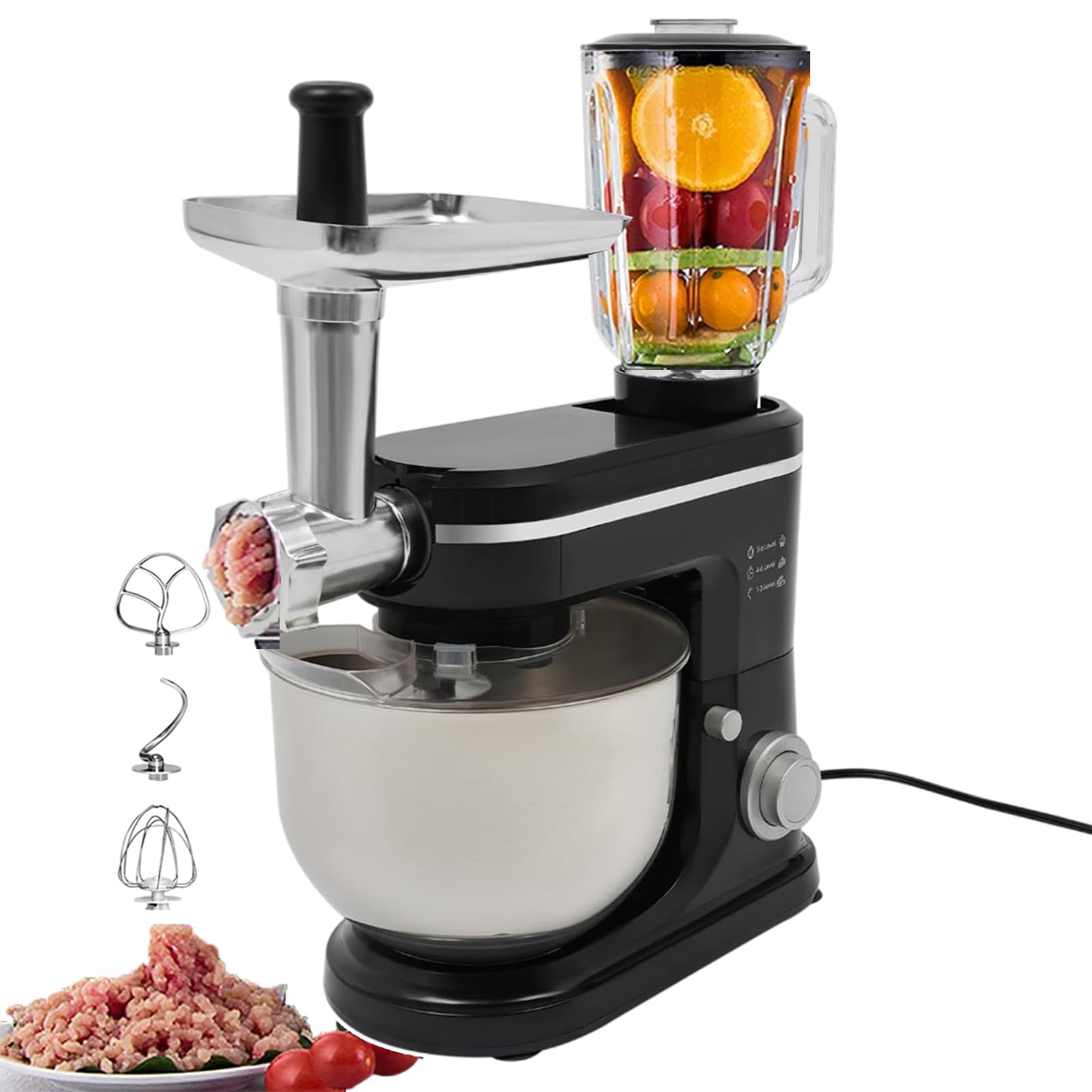 AYCDL Household Stand Mixers, Food Blender and Meat Grinder with Pouring Shield, Multifunctional Kitchen Machine for Home Cooking, Meat Grinder, Mixing Vegetables,White,Black