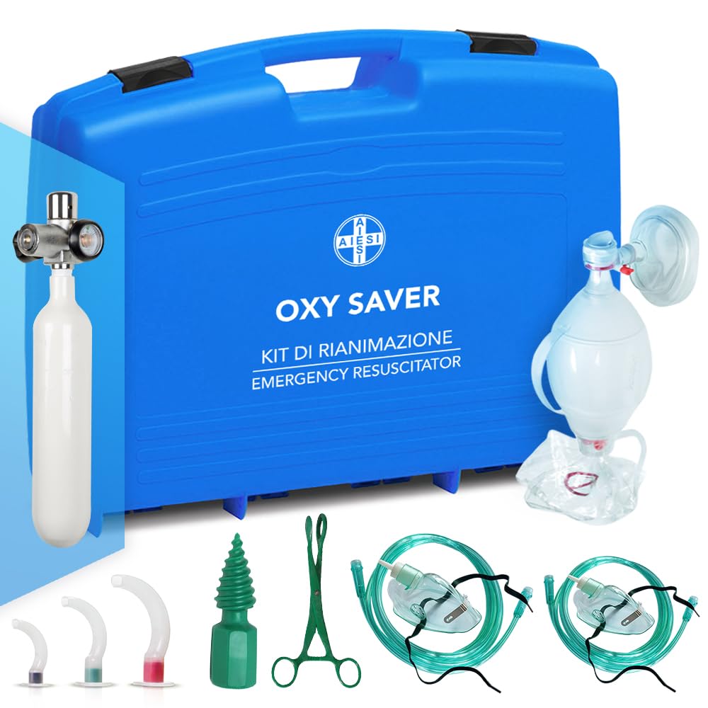 AIESI® Kit di Primo Soccorso con bombola di ossigeno ricaricabile pallone ambu guedel ed accessori OXY SAVER, Made in Italy