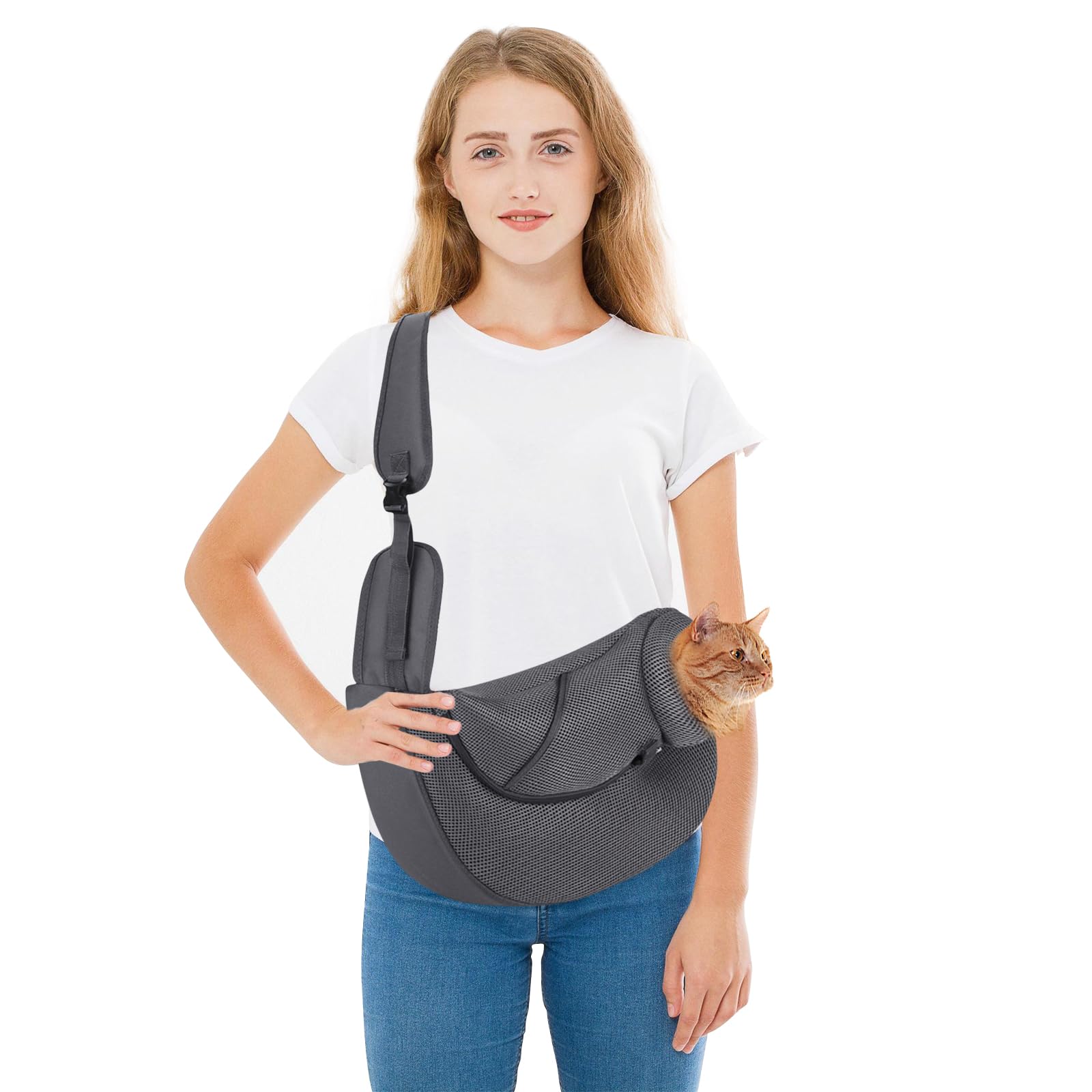 PETCUTE Sac de Transport Chien,Mains Libres,Portable Sac à Bandoulière Chien Chat,Réglable Sac de Voyage pour Petits Animaux avec Maille Respirant,Poche pour Extérieur Marche Métro,L