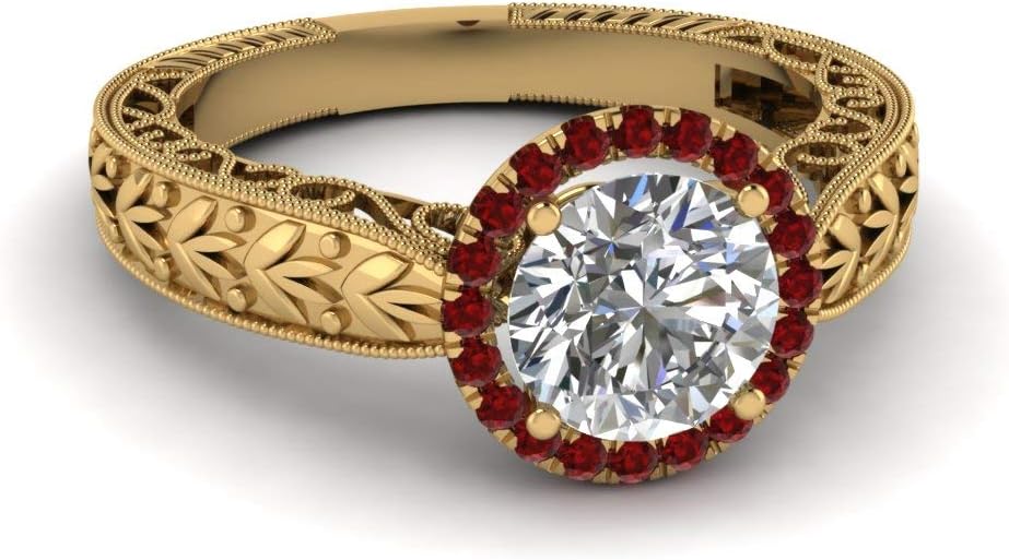 Choose Your Gemstone Graved Leaf Ring Yellow Gold Plated Round Shape Halo Engagement Rings Gemstone Wedding Promise Gift Casual Wear Party Wear Daily Wear Office Wear US Size 4 to 12