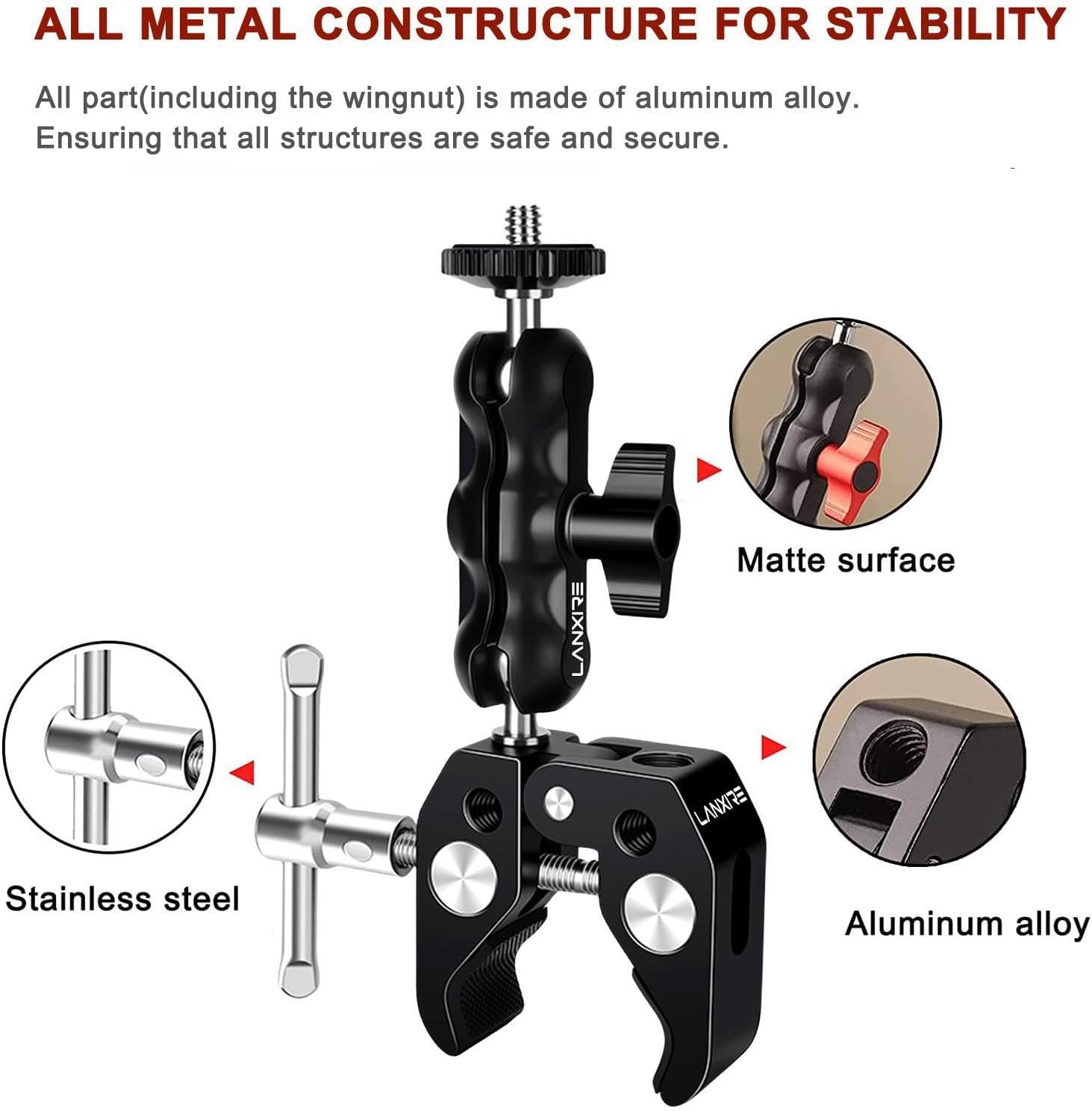 Camera Mount Clamp with Double Ball Head Adapter - 2 Pack. Compatible with LED Lights, Gopro, Insta360, DJI Action, Ronin-M, Ronin MX. 360° Ballhead and 1/4’’ + 3/8’’ Thread Hole.