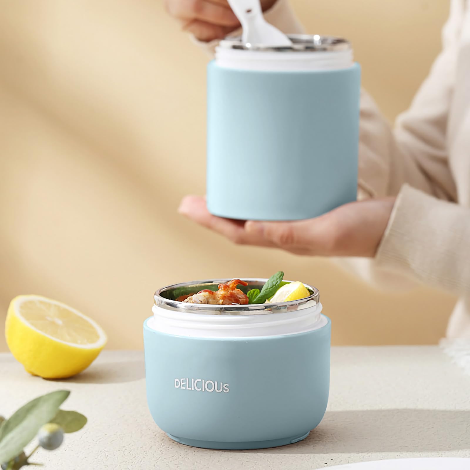 Contenitore per alimenti isolato a tenuta stagna da 15 once, thermos in acciaio inossidabile, isolamento sottovuoto, con cucchiaio, per scuola, lavoro, picnic (blu, doppio strato)