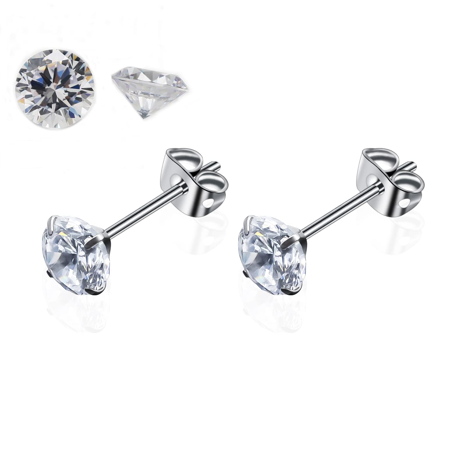 G23 Orecchini A Perno In Titanio Con Zirconia Cubica 6mm - Ipoallergenici Per Donne E Uomini (Argento)
