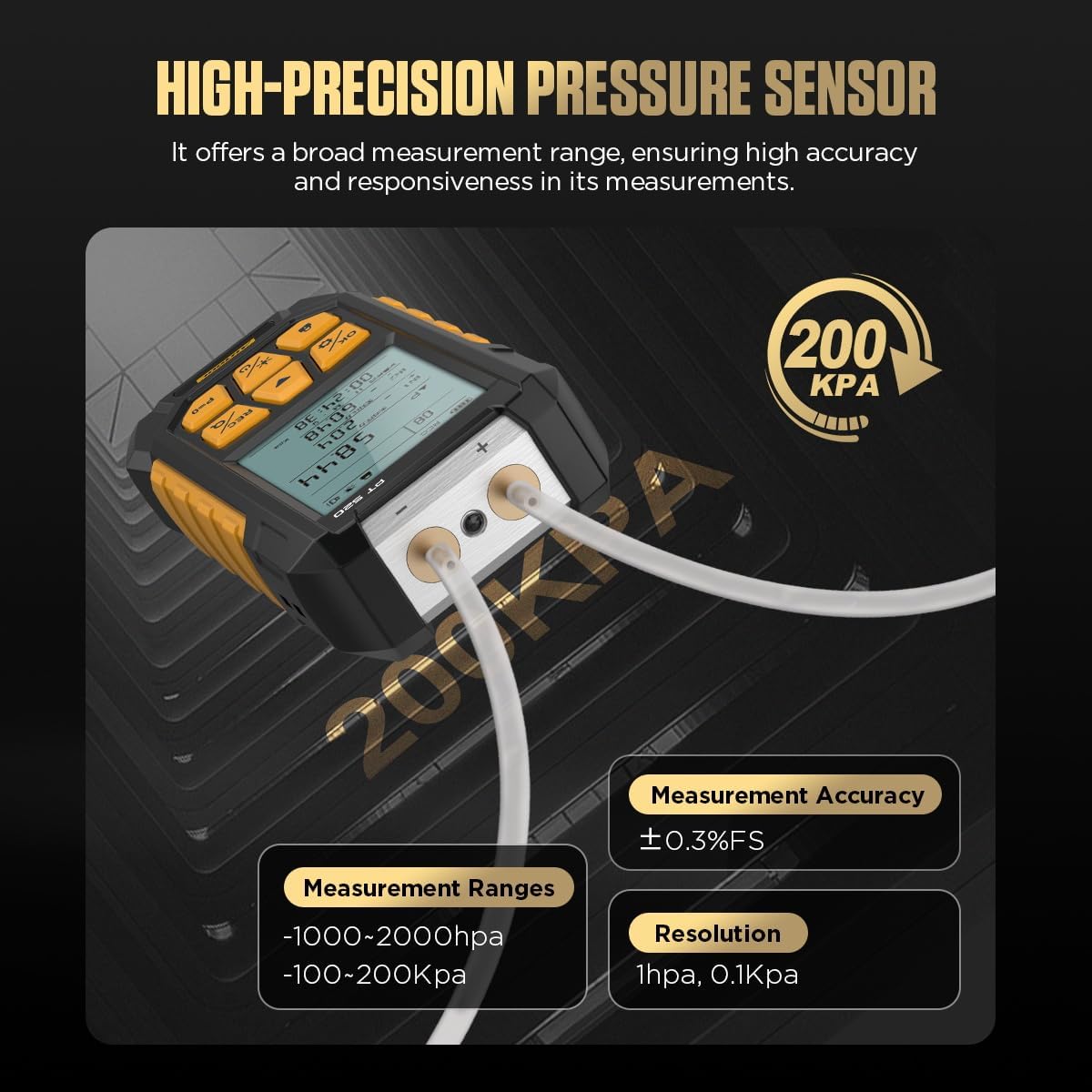 Manómetro digital de alta precisión para presión diferencial, con una precisión de ±0,3% del fondo de escala, 10 unidades de medida y un rango de -100 a 200 kPa, Almacenamiento para automóviles