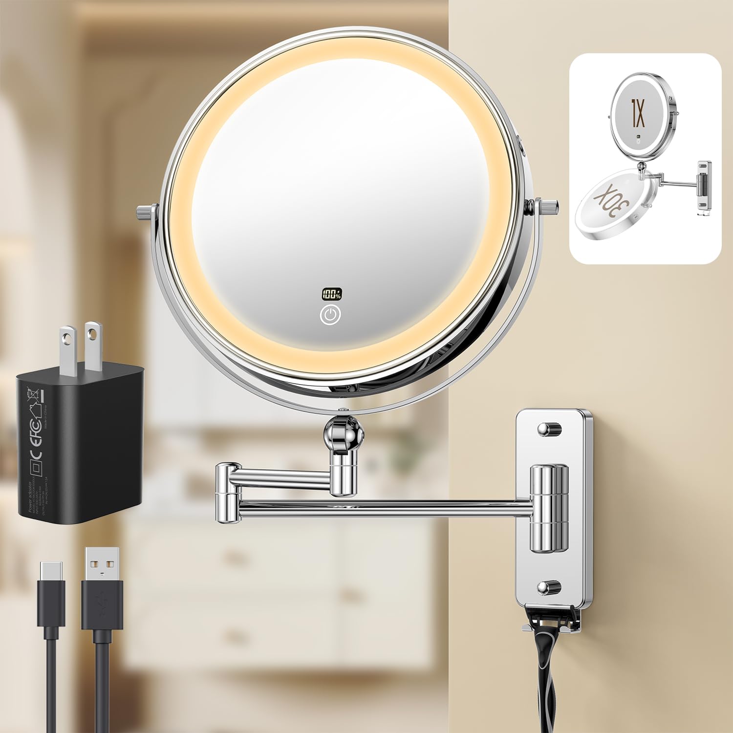 Gospire Beleuchteter Make-up-Spiegel mit Digitalanzeige, 22,9 cm, 1 x / 30