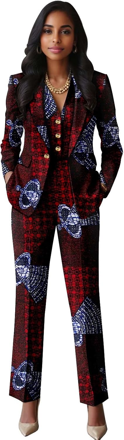 African Clothes for Women Single Breasted Blazer Vest and High Waist Pants 3 Piece Set Print Outfits