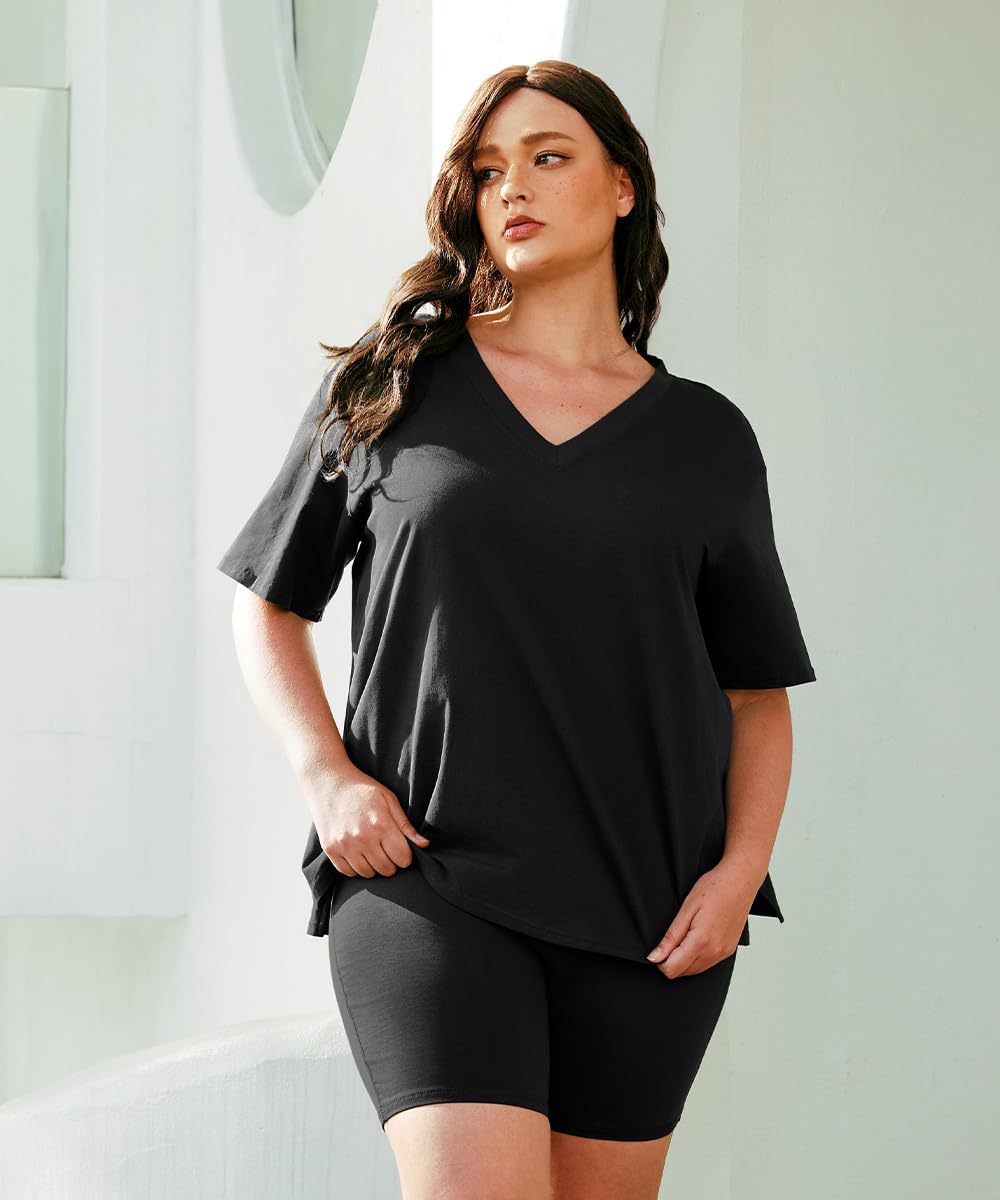 RITERA Plus Size 2 Piece Outfits For Women Shorts Sleeve Biker Shorts Summer Tracksuit V Neck Spilt Hem XL-5XL - Image 2