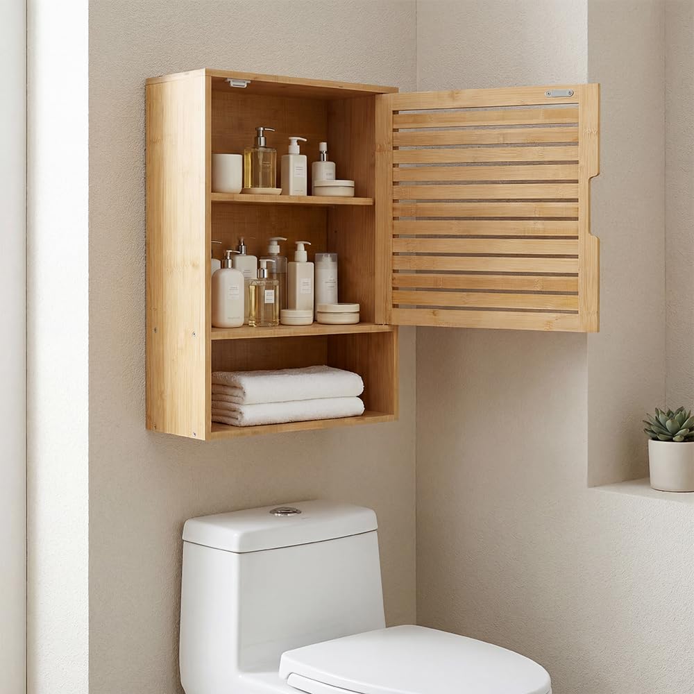 Armadietto sospeso da bagno, in bambù, con porta di ventilazione e 3 ripiani, mensola da parete per cucina e WC, salvaspazio e resistente all'umidità, 60 x 40 x 20 cm (colore legno)